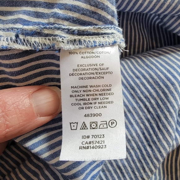 LOFT Blue White Striped 100% Cotton Button Down Shirt Embroidered Birds Size M - Picture 7 of 10